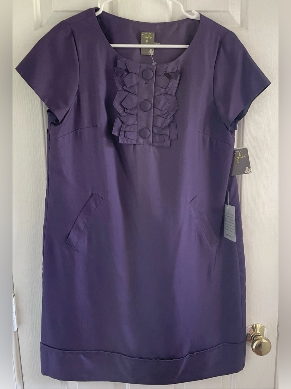 Taylor Dresses Nordstrom Purple 100% Silk Ruffle-Front Short Sleeve Dress